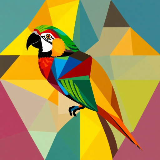 vibrant parrot, geometric abstraction, Piet Mondrian influence, cubism, vivid color palette, angular shapes, intricate patterns, symmetrical composition, bold outlines, high contrast, modernist approach, kaleidoscopic effect, avian grace, dynamic movement, tropical ambiance, artisan craftsmanship, synthetic textures, fractal elements, surrealism touch, conceptual art, striking visual impact