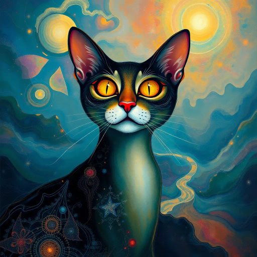whimsical feline, surrealism, Salvador Dalí, ethereal glow, vibrant spectrum, mystical ambiance, fluid lines, abstract expressionism, dream-like landscape, observers perspective, enigmatic smile, fantasy realism, Claude Monet influence, divine elegance, intricate patterns, soft brushstrokes, artistic allure, ethereal sky, celestial elements, metaphysical journey, depth and shadow, layered textures, transcendental experience, visual poetry, harmonious balance, artistic whimsy