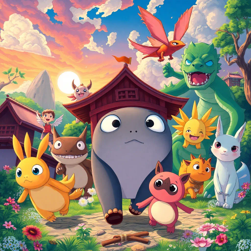 vibrant, Studio Ghibli, dynamic movement, bright colors, cel shading, whimsical, fantastical creatures, Japanese culture, expressive characters, large eyes, detailed scenery, storytelling, emotion-filled, Miyazaki-esque, surreal worlds, imaginative, youthful energy, modern twists, visual storytelling, romanticism, enchanting landscapes, cultural motifs, bold outlines