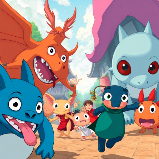 vibrant, Studio Ghibli, dynamic movement, bright colors, cel shading, whimsical, fantastical creatures, Japanese culture, expressive characters, large eyes, detailed scenery, storytelling, emotion-filled, Miyazaki-esque, surreal worlds, imaginative, youthful energy, modern twists, visual storytelling, romanticism, enchanting landscapes, cultural motifs, bold outlines