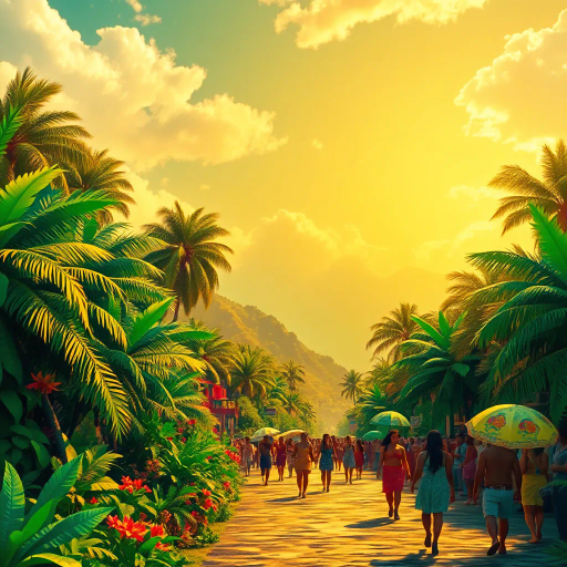 tropical paradise, vibrant rainforest, Rio Carnival, Brazilian culture, Jorge Selarón, Carmen Miranda, exuberant colors, lush vegetation, dynamic samba dancers, vivid patterns, Amazon River, exotic wildlife, modern architecture, indigenous art, celebratory mood, Afro-Brazilian heritage, vibrant street scenes, bold compositions, fluid movement, warmth and energy, sunlit landscapes, urban diversity, festive atmosphere, contemporary influences, chromatic brilliance