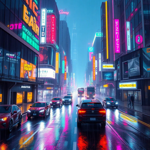 futuristic cityscape, cyberpunk aesthetics, glowing neon lights, dystopian future, vibrant colors, rain-soaked streets, digital rain, sleek architecture, futuristic vehicles, dynamic perspective, cinematic composition, bold geometric shapes, intricate detailing, dramatic lighting, luminous reflections, high-tech textures, urban night scene, vibrant energy, science fiction influences, speculative futurism, tech noir atmosphere, Blade Runner homage, neon color palette, immersive world-building, urban sprawl, bustling metropolis, neon-punk, vivid illumination, chromatic contrasts, hyperrealistic ambiance, frenetic pace, urban hustle, reflective surfaces, glass and steel, digital interactivity, atmospheric haze, visionary skyline, Van Gogh meets cyberpunk, otherworldly allure, concealed mysteries