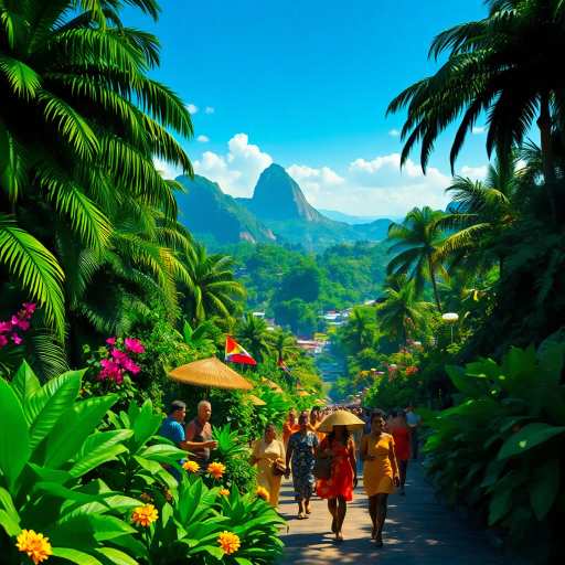 tropical paradise, vibrant rainforest, Rio Carnival, Brazilian culture, Jorge Selarón, Carmen Miranda, exuberant colors, lush vegetation, dynamic samba dancers, vivid patterns, Amazon River, exotic wildlife, modern architecture, indigenous art, celebratory mood, Afro-Brazilian heritage, vibrant street scenes, bold compositions, fluid movement, warmth and energy, sunlit landscapes, urban diversity, festive atmosphere, contemporary influences, chromatic brilliance