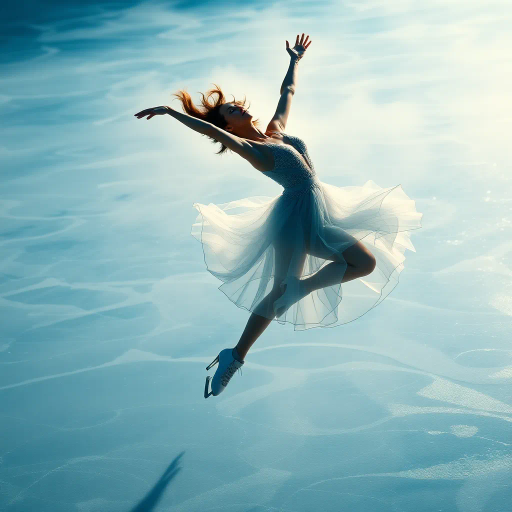 graceful figure skater, winter olympics, ethereal elegance, dynamic movement, icy blues and silvers, cold breath mist, delicate ice patterns, olympic gold dreams, choreography and poise, vibrant energy, frozen water reflections, chiaroscuro lighting, contemporary representation, moment frozen in time, renaissance elegance, modern athleticism, emotional triumph, dramatic lighting, figure skater in flight, emotional depth, Art Nouveau influences