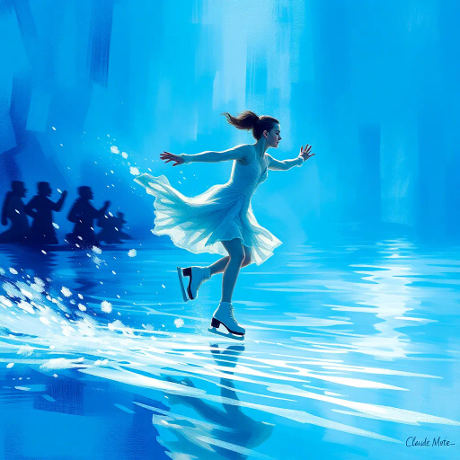 winter, skater, contest, olympics, dynamic movement, icy reflections, Impressionist influences, Claude Monet, vibrant blue tones, kinetic energy, ethereal light, atmospheric perspective, crisp textures, radiant glow, Olympic grandeur, motion blur, graceful elegance, dramatic shadows, fluid lines, competition spirit, international harmony, innovative techniques, intricate details, historical influence: Olympic Games, seasonal transformation, cold serenity, art of motion, frozen stage, epic scale, jubilant celebration, sportsmanship, vibrant palette