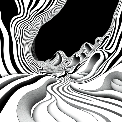 geometric shapes, intricate patterns, flowing lines, minimalist design, abstract expression, monochrome palette, dynamic movement, M.C. Escher influence, precise detailing, linear perspective, conceptual exploration, visual harmony, contour emphasis, spatial depth, contemporary influence, optical illusions, surreal geometry, mathematical precision, avant-garde composition, Escherian landscapes, abstract forms, black and white contrast, intersecting lines, detailed tessellation, spatial interaction, fluid dynamics, rhythmic patterns, visual paradox, complex symmetry, creative geometry, fine linework, subtle gradients, modern abstraction, artistic innovation, interlocking forms, infinite loops, artistic paradox