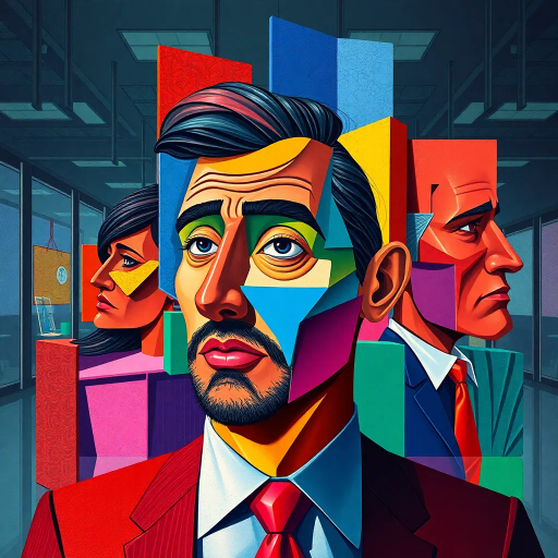 exploration of identity, michael scott, geometric abstraction, vibrant colors, cubism influence, office aesthetics, dynamic composition, modernist approach, abstract forms, playful humor, primary color palette, surreal interpretation, exaggerated proportions, whimsical expression, fragmented reality, contemporary culture, reflective surfaces, bold outlines, corporate environment, light-hearted mood, satirical tone, pop culture reference, intricate details, artistic homage, abstract geometry