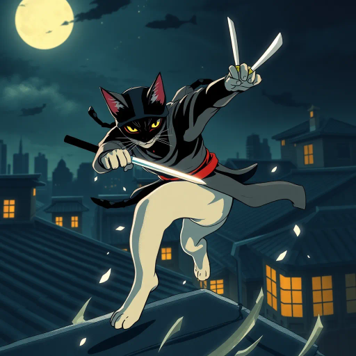ninja cat, dynamic pose, urban rooftops, moonlit scene, dramatic lighting, Ukiyo-e influence, stealth and agility, nighttime adventure, swift movement, traditional Japanese architecture, intense focus, feline grace, shuriken glint, fantasy elements, vibrant contrast, sleek and slender form, fluid motion, cultural fusion, tension and excitement, shadow play, vibrant night sky, Edo period inspiration