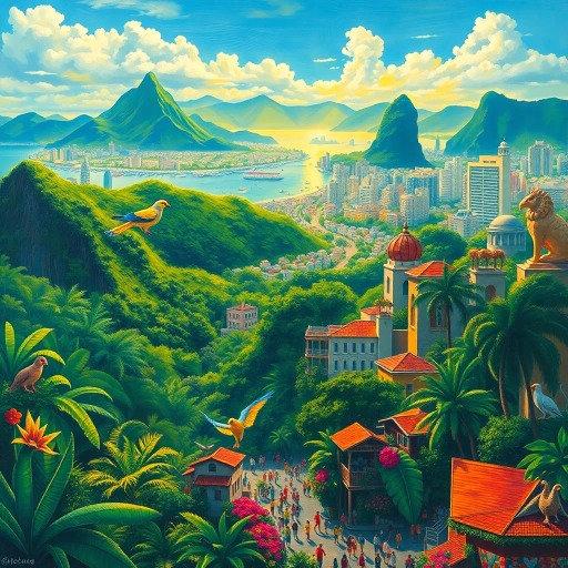 vibrant rainforest, sprawling cityscapes, Rio Carnival celebration, modernist architecture, Tarsila do Amaral, tropical paradise, lush landscapes, Samba rhythm, vivid color palettes, dynamic movement, cultural fusion, vibrant street art, warm sunlight, Copacabana beach, panoramic views, rich biodiversity, Botero-inspired figures, expressive brushstrokes, Amazon River, intricate textures, joyous atmosphere, cultural heritage, Henri Rousseau influence, energetic composition