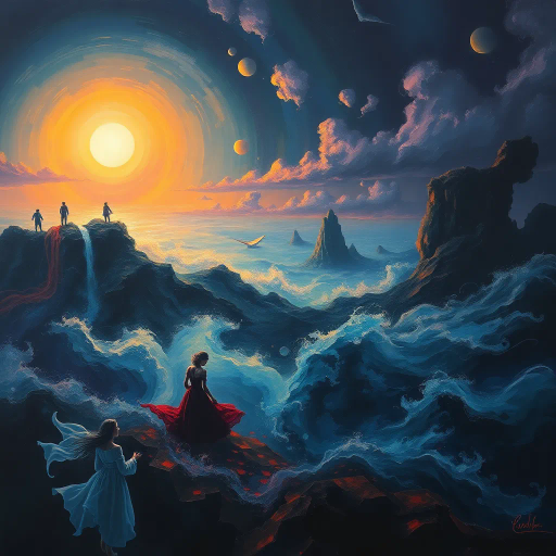 surreal landscape, Mike Worrall, dreamlike figures, ethereal glow, chiaroscuro, vibrant palette, enigmatic atmosphere, fluid motion, Renaissance influence, abstract forms, kaleidoscopic colors, impressionist brushwork, haunting beauty, dramatic contrasts, conceptual depth, mysterious narratives, twilight ambiance, surrealism, dynamic flow, intricate details