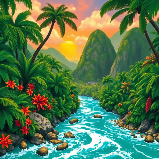 tropical paradise, vibrant rainforest, Rio Carnival, Brazilian culture, Jorge Selarón, Carmen Miranda, exuberant colors, lush vegetation, dynamic samba dancers, vivid patterns, Amazon River, exotic wildlife, modern architecture, indigenous art, celebratory mood, Afro-Brazilian heritage, vibrant street scenes, bold compositions, fluid movement, warmth and energy, sunlit landscapes, urban diversity, festive atmosphere, contemporary influences, chromatic brilliance