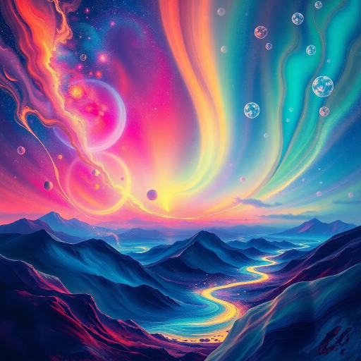 harmony of the spheres, ethereal symphony, aurora borealis, music visualization, cosmic resonance, abstract expressionism, vibrant chroma, Kandinsky influences, flowing melodies, celestial orchestra, dreamlike atmosphere, surreal landscapes, harmonious rhythms, visual synesthesia, universal connection, luminous colors, ethereal light, transcendental experience, spiritual awakening, dimensional journey, divine soundscape, poetic emotion