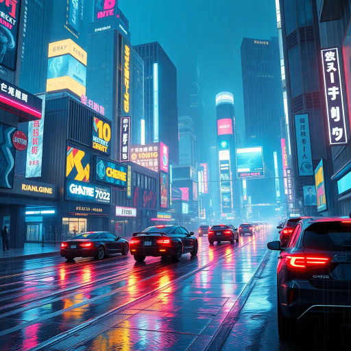 futuristic cityscape, cyberpunk aesthetics, glowing neon lights, dystopian future, vibrant colors, rain-soaked streets, digital rain, sleek architecture, futuristic vehicles, dynamic perspective, cinematic composition, bold geometric shapes, intricate detailing, dramatic lighting, luminous reflections, high-tech textures, urban night scene, vibrant energy, science fiction influences, speculative futurism, tech noir atmosphere, Blade Runner homage, neon color palette, immersive world-building, urban sprawl, bustling metropolis, Ridley Scott, neon-punk, Philip K. Dick, visual storytelling, electric ambiance, urban landscape, reflective surfaces, nocturnal scenery, digital art