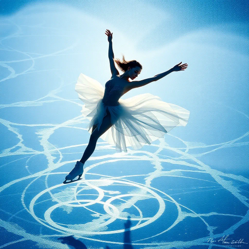 graceful figure skater, winter olympics, ethereal elegance, dynamic movement, icy blues and silvers, cold breath mist, delicate ice patterns, olympic gold dreams, choreography and poise, vibrant energy, frozen water reflections, chiaroscuro lighting, contemporary representation, moment frozen in time, renaissance elegance, modern athleticism, emotional triumph, dramatic lighting, figure skater in flight, emotional depth, Art Nouveau influences