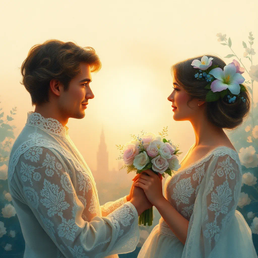 ethereal romance, detailed lace, soft pastels, Claude Monet, impressionism, golden hour lighting, intimate perspective, elegant typography, timeless love, floral motifs, enchanting ambiance, watercolor textures, harmony, unity, serene landscapes, vibrant moods, nature elements, Art Nouveau influence, delicate brushwork, subtle gradients, joyous celebration, abstract emotions, dreamy visions, passionate expression, flowing forms