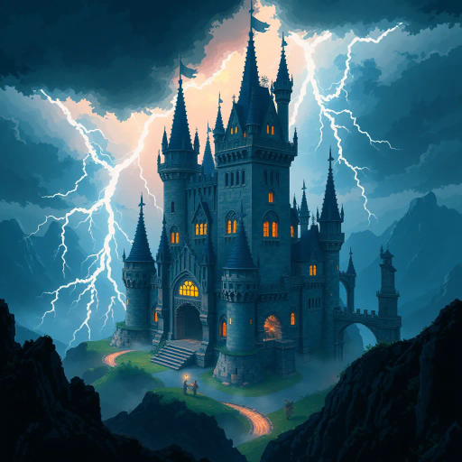 majestic castle, turbulent thunderstorm, pixelated landscape, Markus Persson, vibrant hues, medieval architecture, dynamic lightning, towering turrets, dark clouds, intricate details, atmospheric perspective, surreal ambiance, blocky textures, adventurous spirit, vast expanse, interplay of light and shadow, immersive composition, pixel art influence, enchanting realm, dramatic tension, ethereal glow
