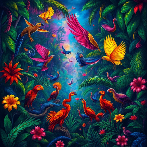 vibrant rainforest, carnival energy, tropical palette, intricate textures, Gustavo Rosa, surrealism, expressive forms, dynamic movement, colorful feathers, mystical beings, atmospheric perspective, lush foliage, samba rhythms, cultural tapestry, radiant lighting, whimsical creatures, vibrant celebrations, exotic wildlife, lively atmosphere, magical realism, imaginative scenery, rhythmic patterns, bold silhouettes