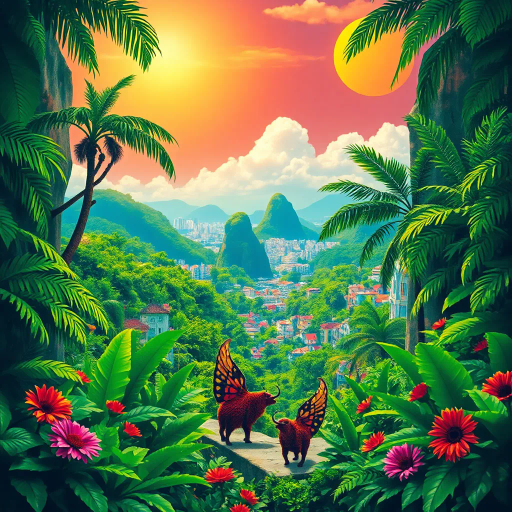 tropical paradise, vibrant rainforest, Rio Carnival, Brazilian culture, Jorge Selarón, Carmen Miranda, exuberant colors, lush vegetation, dynamic samba dancers, vivid patterns, Amazon River, exotic wildlife, modern architecture, indigenous art, celebratory mood, Afro-Brazilian heritage, vibrant street scenes, bold compositions, fluid movement, warmth and energy, sunlit landscapes, urban diversity, festive atmosphere, contemporary influences, chromatic brilliance