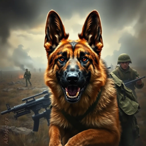 German shepherd, military theme, dynamic action, realistic textures, dramatic lighting, soldier in uniform, battlefield scenery, hyper-realistic fur detail, Alex Ross, cinematic framing, bold composition, emotional intensity, movement, war-torn landscape, contemporary realism, powerful symbolism, strength, courage, protective stance, close-up perspective, muted color palette, storytelling elements, visual narrative, contrast, tension, heroic presence, allegorical undertones, strategic positioning, nuanced expressions, vivid detail, immersive atmosphere