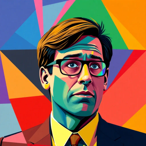 Michael Scott, The Office, sitcom character, geometric abstraction, vibrant colors, bold shapes, abstract expressionism, modernist influences, cubist elements, triangular patterns, corporate setting, humor infusion, abstract portrait, workplace dynamics, witty undertones, cultural icon, vibrant palette, layered composition, angular perspective, playful expression, converging lines, comedic symbolism, contemporary art, tonal contrasts, dynamic symmetry, office environment reimagined