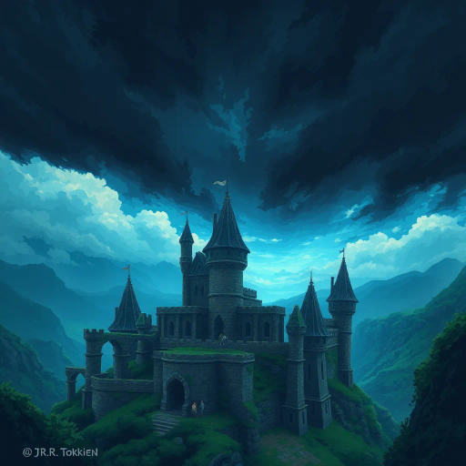 medieval fortress, epic scale, stormy skies, realistic textures, dramatic lighting, dynamic perspective, pixelated details, fantasy landscape, J.R.R. Tolkien, pixel-art influences, ominous clouds, architectural design, ancient stonework, vibrant greens and blues, ethereal mood, surreal atmosphere, adventure theme, intricate patterns, mythical ambiance, immersive environment, atmospheric depth