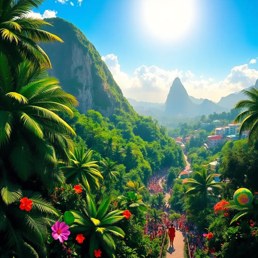 tropical paradise, vibrant rainforest, Rio Carnival, Brazilian culture, Jorge Selarón, Carmen Miranda, exuberant colors, lush vegetation, dynamic samba dancers, vivid patterns, Amazon River, exotic wildlife, modern architecture, indigenous art, celebratory mood, Afro-Brazilian heritage, vibrant street scenes, bold compositions, fluid movement, warmth and energy, sunlit landscapes, urban diversity, festive atmosphere, contemporary influences, chromatic brilliance