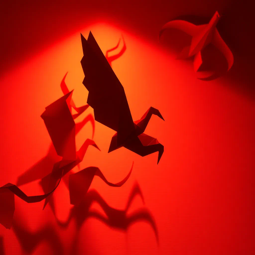 intricate paper folds, vibrant reds and oranges, burning passion, Japanese paper craft, Satoshi Kamiya, precision geometry, delicate shadows, warm light, dynamic movement, ethereal glow, cultural heritage, origami crane inspiration, harmony and balance, symbolic transformation, artistic expression, fiery essence, contrast of light and dark, handcrafted elegance, spatial arrangement, meticulous artistry