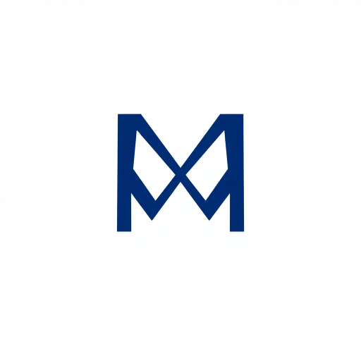 abstract M lettermark, bold design, minimalist aesthetics, modern logo, geometric precision, sharp V convergence, diverging lines, thick diagonal elements, solid indigo hue, striking visual contrast, elegant simplicity, white canvas background, Bauhaus influence, crisp and clean lines, graphic design, contemporary artistry, precise alignment, visual identity, innovative branding, sleek and sophisticated, artistic intent, Claude Garamond, high visual impact, symbolism of unity and balance