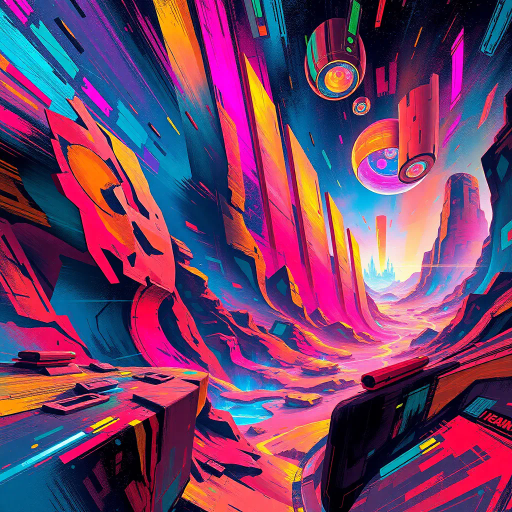 futuristic landscape, vibrant colors, dynamic composition, dramatic lighting, cybernetic elements, surrealist dreamscape, neon accents, intricate detail, expressive movement, digital brushstrokes, ethereal atmosphere, abstract geometry, kaleidoscopic patterns, luminous textures, perspective depth, inspired by Syd Mead, technological utopia, visionary aesthetics, blending realism and abstraction