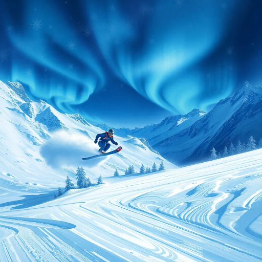 celebration of winter sports, Hans Erni, dynamic motion, alpine landscapes, pristine icy blues, chiaroscuro lighting, high-energy composition, textured snowflakes, glowing auroras, adrenaline, ski jumps, intricate ice sculptures, 21st-century athleticism, expressionism, cultural unity, vibrant hues, polished ice surfaces, vast snowy arenas, symbolic victory, ephemeral moments, spirit of competition, atmospheric drama, geometric precision, sweeping panoramic views, artistic synergy, invigorating perspectives, harmonious blending of tradition and innovation