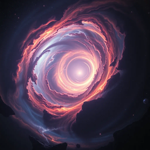 cosmic phenomenon, swirling vortex, event horizon, radiant luminosity, inspired by Albert Bierstadt, baroque grandeur, contrasting shadows, ethereal glow, interstellar dust, infinite void, dynamic motion, gravitational pull, dark matter, space-time fabric, celestial mystery, enigmatic atmosphere, surreal juxtaposition, expansive scale, cosmic harmony, timeless elegance, elemental forces, transcendental experience, visual allegory, metaphysical exploration, vast cosmos, luminous nebulae, celestial dynamics, otherworldly beauty