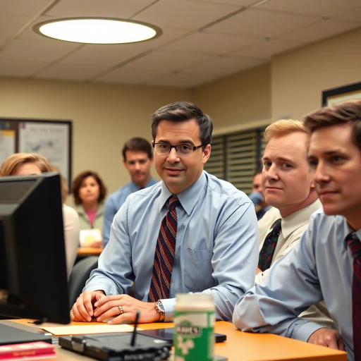 The Office, TV show, satirical humor, vibrant, Steve Carell, ensemble cast, mockumentary style, quirky, everyday life, work environment, subtle irony, character dynamics, Michael Scott, Dunder Mifflin, Scranton, Pennsylvania, documentary filming, 2000s television, comedic timing, deadpan expression, cultural phenomenon, paper company, witty banter, office antics, relatable humor, office supplies, Jim Halpert, Pam Beesly, Dwight Schrute, team dynamics, overhead fluorescent lighting, mundane yet charming, round camera angles, workplace relationships