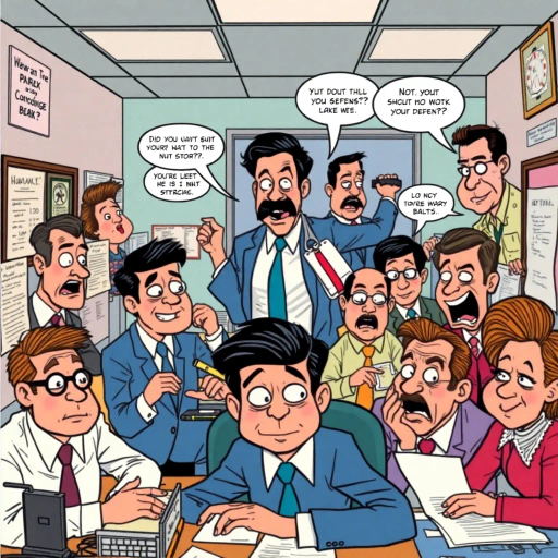 satirical workplace comedy, surreal humor, ensemble cast, bureaucratic chaos, 21st century pop culture, vibrant color palette, exaggerated expressions, dynamic panels, Roy Lichtenstein influences, witty dialogue, mundane office setting, everyday absurdities, overlapping story arcs, exaggerated caricatures, visual puns, contemporary Americana, awkward social interactions, humorous banter, slapstick elements, narrative vignettes, satirical undertones