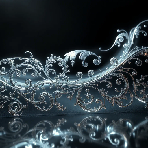 metallic luster, reflective surface, silver hues, intricate filigree, art nouveau, Gustav Klimt, ethereal glow, cool tones, surrealism, obsidian shadows, fluid movement, ornate patterns, delicate engraving, high contrast, shimmering light, atmospheric setting, delicate detailing, abstract space, monochromatic palette, futuristic elegance, dimensional depth, luminescent, delicate highlights, celestial motifs, elegant composition, flowing lines, minimalist aesthetic, timeless allure, metallic elegance, sculptural fluidity, ethereal ambiance, silver elegance, Klimt-inspired, modernist charm, luminescent atmosphere, graceful curves, luminous tranquility, celestial visions, poetic flow