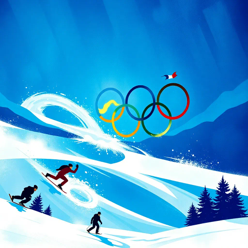 winter olympics, Adolphe Mouron Cassandre, dynamic composition, vibrant movements, cold hues, frosty blues, sparkling whites, contrasting shadows, atmospheric depth, panoramic vistas, kinetic energy, athletic prowess, cultural celebration, Olympic spirit, Art Deco influences, geometric patterns, sweeping curves, expressive lines, emotional intensity, grand scale, global unity, dramatic lighting, icy textures, timeless grandeur, elegant symmetry, inspiring competition, frozen terrains, monumental arenas, inspired by tradition, contemporary innovation, international camaraderie