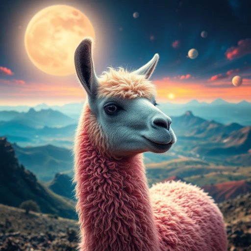 majestic llama, surreal landscape, dramatic lighting, detailed fur texture, enchanting colors, Salvador Dali influences, ethereal glow, mystical presence, vibrant pastels, intricate wool patterns, luminous aura, dreamlike setting, sweeping panoramic view, whimsical essence, mythical creatures, otherworldly terrain, soft and diffuse shadows, playful innocence, elegant posture, transcendent beauty, imaginative environment