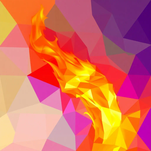 geometric abstraction, angular shapes, vibrant hues, minimalist design, dynamic movement, polygonal art, faceted surfaces, interplay of light and shadow, fiery warmth, digital minimalism, visual simplicity, contemporary aesthetics, simplified forms, energy and transformation, fiery glow, scale contrast, fragmented geometry, abstract representation, symbolic heat, sculptural quality