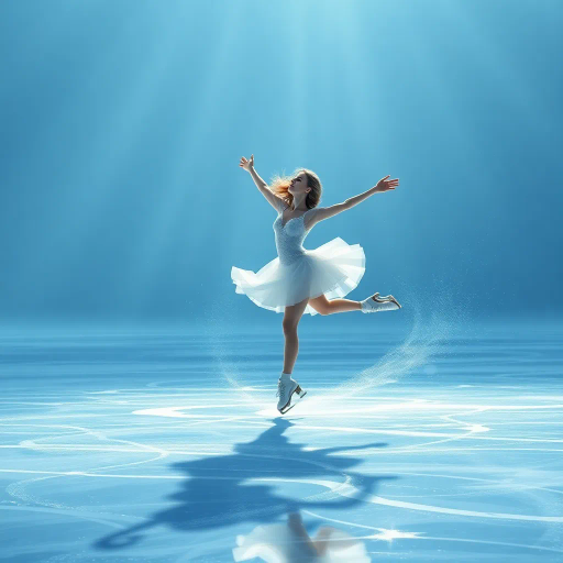graceful figure skater, gliding across icy surface, winter chill, olympic spirit, dynamic movement, serene concentration, elegant pose, flowing ice, misty breath, ethereal lighting, dramatic shadows, crystalline textures, contemporary style, precision artistry, inspired by Degas and Mucha, soft blue and white palette, delicate balance, rhythmic motion, emotional resonance, global unity, panoramic perspective, intricately detailed, harmonious composition, captivating grace, spirit of competition