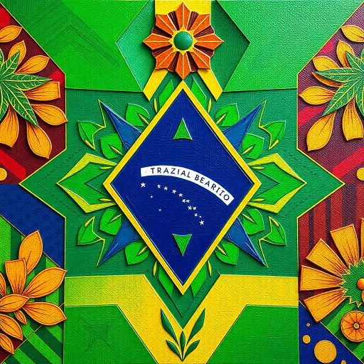 vibrant colors, geometric shapes, cultural symbolism, rich textures, tropical influence, modern interpretation, national pride, intricate patterns, dynamic composition, bright green, vivid gold, deep blue, movement, contemporary style, Brazilian culture, Jorge Amado, playful textures, dimensional layering, abstract representation, optimism and unity