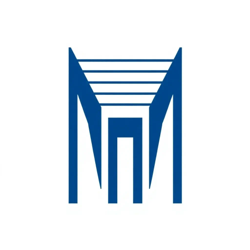 bold letter M, parallel strokes, tapering structure, upward hierarchy, indigo blue, geometric precision, vector design, minimalist aesthetic, structural elegance, balance and symmetry, clean composition, white background, modernist influences, Bauhaus geometry, minimal lines, disciplined form, artistic clarity, precision geometry, abstract minimalism, Hans Hofmann influences, mid-century modern, subtle contrast, form and function, contemporary graphic design, refined simplicity