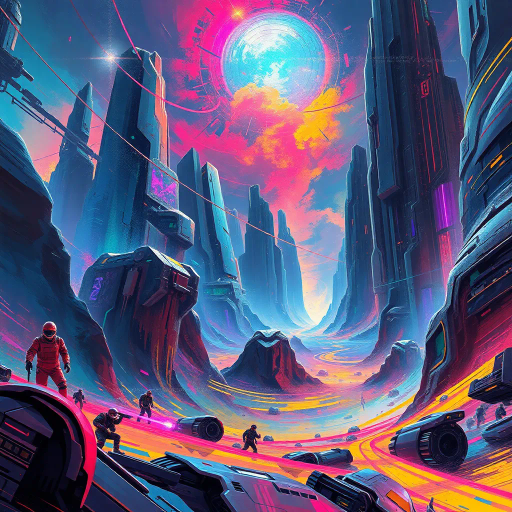 futuristic landscape, vibrant colors, dynamic composition, dramatic lighting, cybernetic elements, surrealist dreamscape, neon accents, intricate detail, expressive movement, digital brushstrokes, ethereal atmosphere, abstract geometry, kaleidoscopic patterns, luminous textures, perspective depth, inspired by Syd Mead, technological utopia, visionary aesthetics, blending realism and abstraction