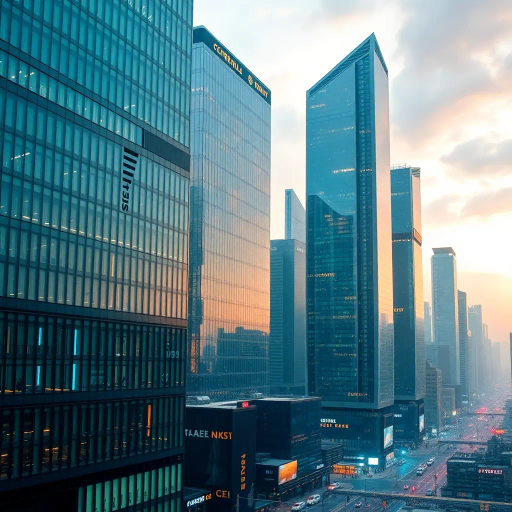 futuristic metropolis, corporate skyscrapers, sleek glass facades, modern architecture, high-tech environments, neon lighting, bustling cityscape, dynamic perspective, vibrant energy, cutting-edge technology, corporate professionals, global business influences, interconnected networks, urban planning, structured compositions, innovative design, urban energy, global economy, contemporary aesthetics, reflective surfaces, skyscraper heights, bustling movement, technological integration, precision engineering, digital landscapes