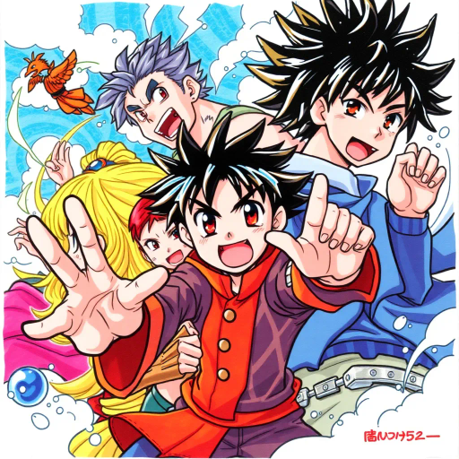 hand-drawn, vibrant colors, dynamic poses, exaggerated expressions, manga-inspired, Japanese animation, anime-style, anime characters, action-packed, fantasy themes, intricate backgrounds, detailed costumes, cultural references, emotional storytelling, iconic visual style