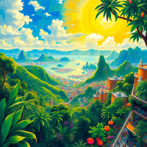 vibrant rainforest, sprawling cityscapes, Rio Carnival celebration, modernist architecture, Tarsila do Amaral, tropical paradise, lush landscapes, Samba rhythm, vivid color palettes, dynamic movement, cultural fusion, vibrant street art, warm sunlight, Copacabana beach, panoramic views, rich biodiversity, Botero-inspired figures, expressive brushstrokes, Amazon River, intricate textures, joyous atmosphere, cultural heritage, Henri Rousseau influence, energetic composition