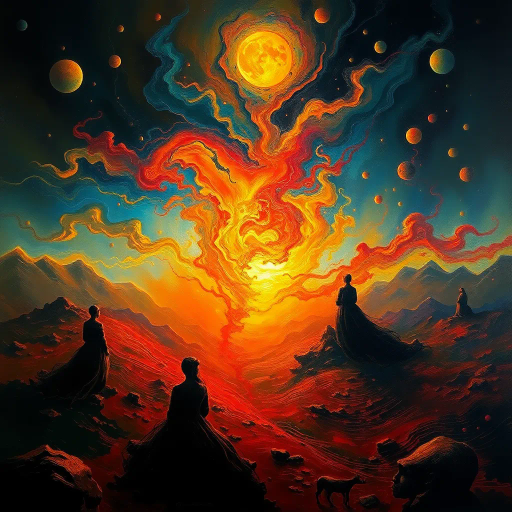 surreal landscape, Mike Worrall, dreamlike figures, ethereal glow, chiaroscuro, vibrant palette, enigmatic atmosphere, fluid motion, Renaissance influence, abstract forms, kaleidoscopic colors, impressionist brushwork, haunting beauty, dramatic contrasts, conceptual depth, mysterious narratives, twilight ambiance, surrealism, dynamic flow, intricate details