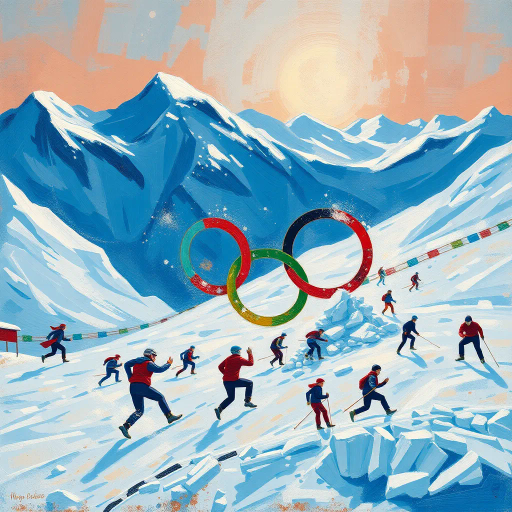 winter olympics, dynamic movement, icy landscapes, athletic figures, vibrant energy, snow-capped mountains, intricate patterns, bold contrasts, Pierre-Auguste Renoir influence, Impressionism, dramatic lighting, modern sportsmanship, cold color palette, fluid lines, frozen textures, abstract representation, international spirit, grand scale, historical significance, frosty atmosphere, harmonious balance, cultural diversity, precise details, joyous celebration, global unity, bold composition