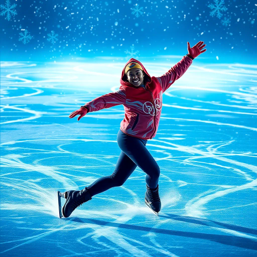 frosty atmosphere, dynamic skater, olympic celebration, intricate patterns, chilly blues, vibrant reds, sleek ice, fluid motion, hyper-realistic details, contemporary sports, dynamic perspective, illuminating reflections, intricate textures, exhilarating movement, atmospheric lighting, winter wonderland, energetic pose, culturally diverse, symbolic triumph, high energy, winter sports elegance