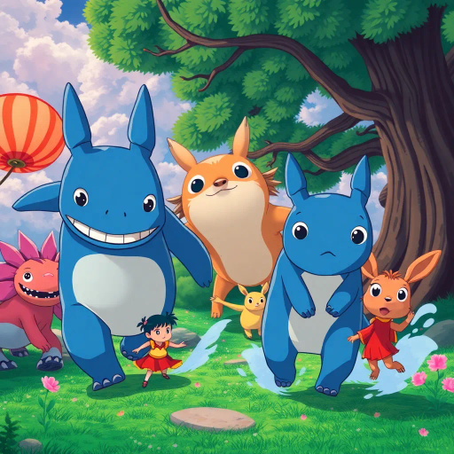 vibrant, Studio Ghibli, dynamic movement, bright colors, cel shading, whimsical, fantastical creatures, Japanese culture, expressive characters, large eyes, detailed scenery, storytelling, emotion-filled, Miyazaki-esque, surreal worlds, imaginative, youthful energy, modern twists, visual storytelling, romanticism, enchanting landscapes, cultural motifs, bold outlines