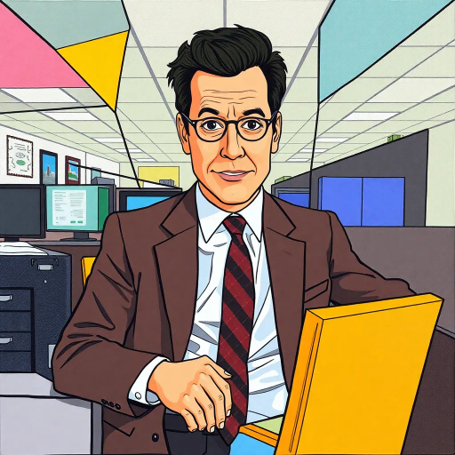 Michael Scott, geometric, cubist influence, abstract expressionism, vibrant color palette, office space, surreal composition, modern corporate satire, intricate line patterns, fragmented forms, Dunder Mifflin, pop art, humor, whimsical tone, mixed media, overlapping shapes, exaggerated proportions, dynamic angles, bold contours, cultural commentary, contemporary setting, pastel highlights, texture variation, visual rhythm, abstract storytelling, conceptual depth, dimensional interplay