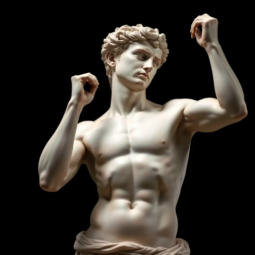 realistic human anatomy, Michelangelo, photorealism, Renaissance era, chiaroscuro lighting, dynamic posing, detailed musculature, neutral colors, smooth textures, marble material, classical sculpture influence, precise proportions, artistic mastery, high-definition rendering, dramatic contrast, sense of movement, anatomical accuracy, timeless beauty, three-dimensional perspective, meticulous craftsmanship, subtle shadows, elegant balance